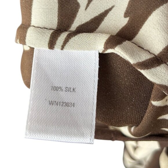 AMBER SUN Short Sleeve Button Front Blouse Chocolate Brown Cream Leaf Pattern S - Picture 6 of 7